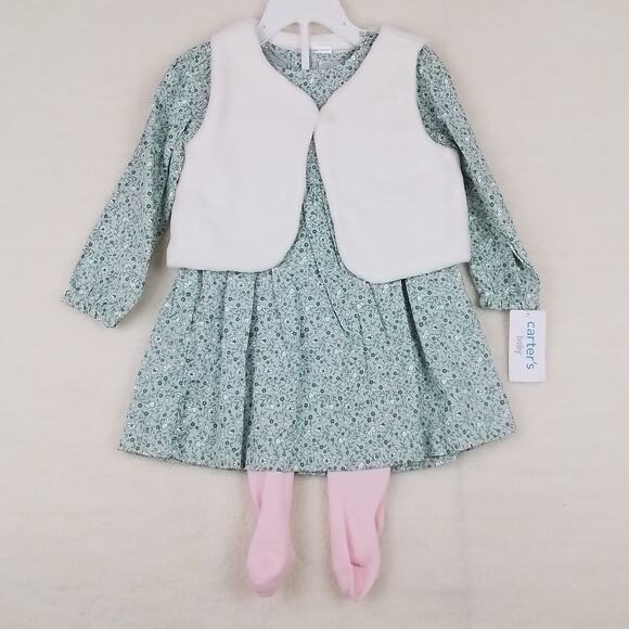 Carters Baby Set 24mo Green‎ Pink Dress Leggings Layette Cotton Floral Print - Picture 1 of 15